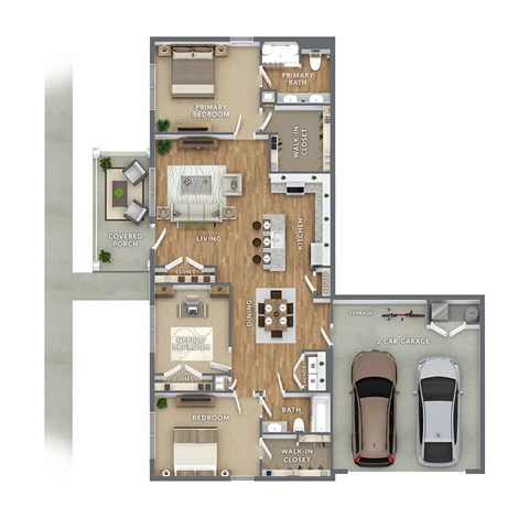 A floor plan of a house with two bedrooms, a living room, a dining room, a kitchen, a garage, and a storage area.